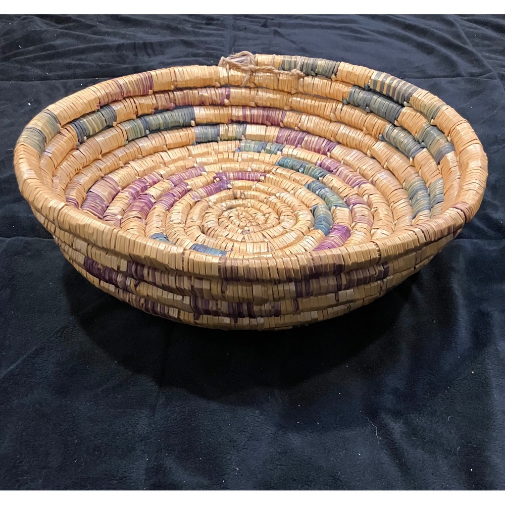 Handmade Coiled Woven Basket Home Decor Tan Purple Teal Large Round Bowl